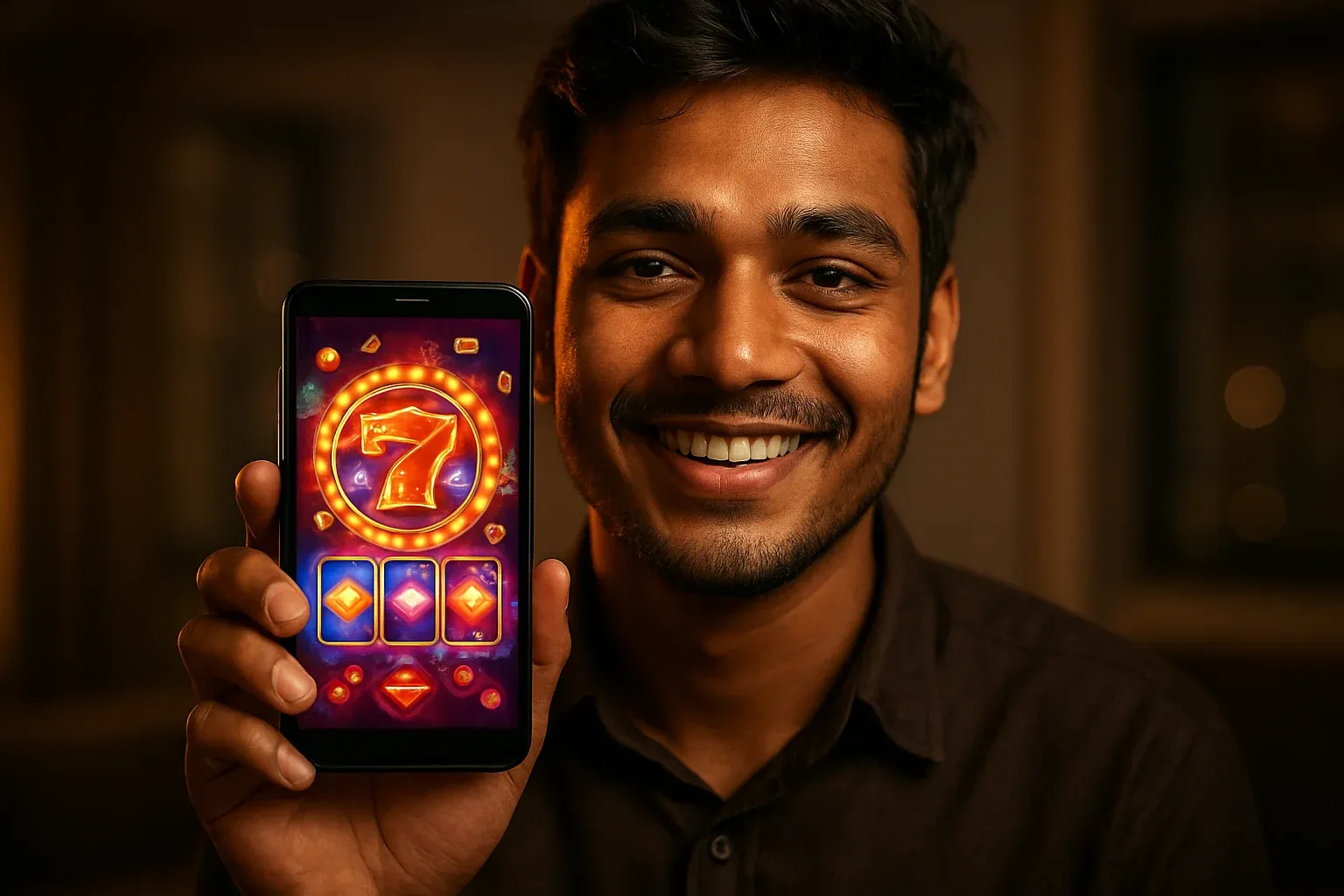 Young Bangladeshi man holding smartphone showing colorful mobile casino app interface