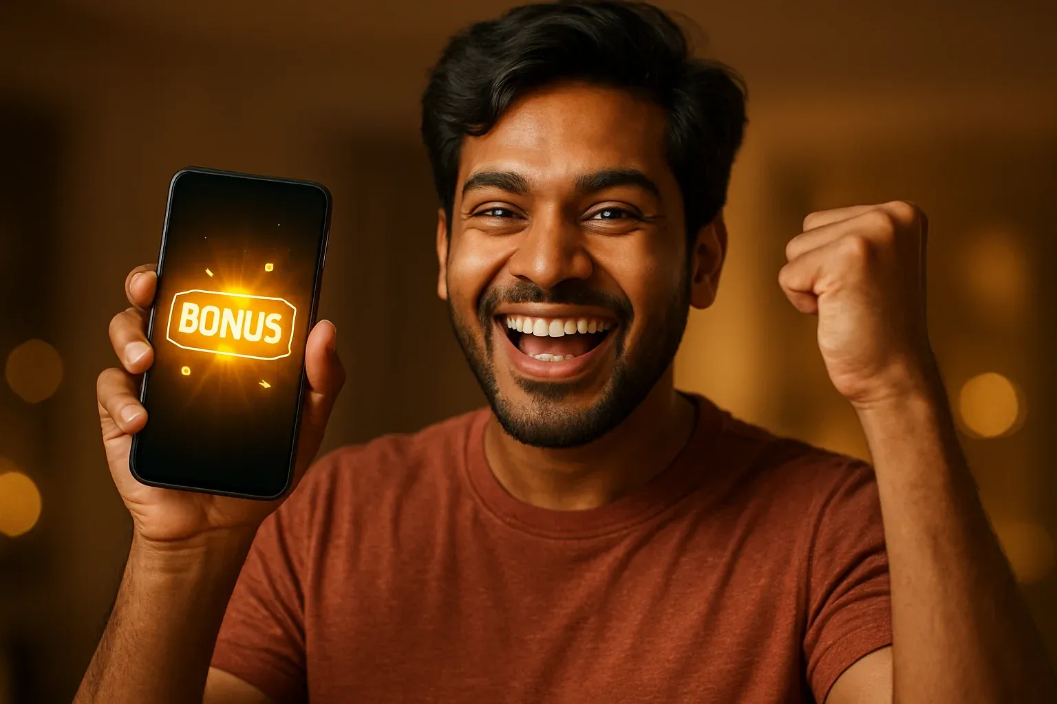 Joyful Bangladeshi man holding smartphone with glowing bonus notification screen