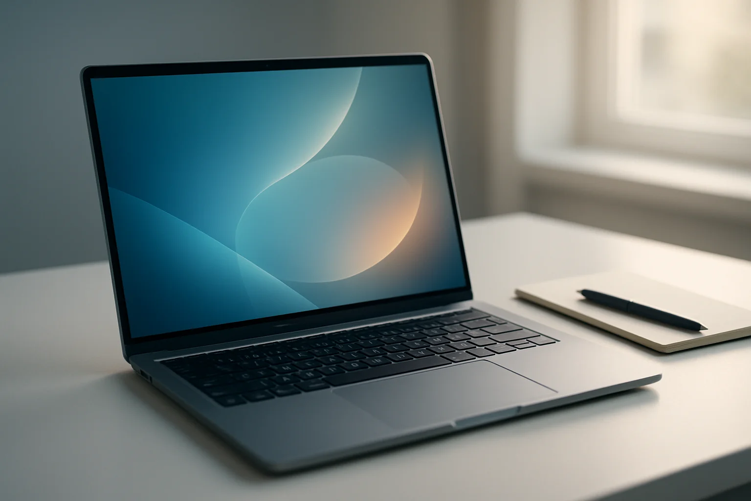 Modern laptop on white desk with abstract glowing screen and notepad
