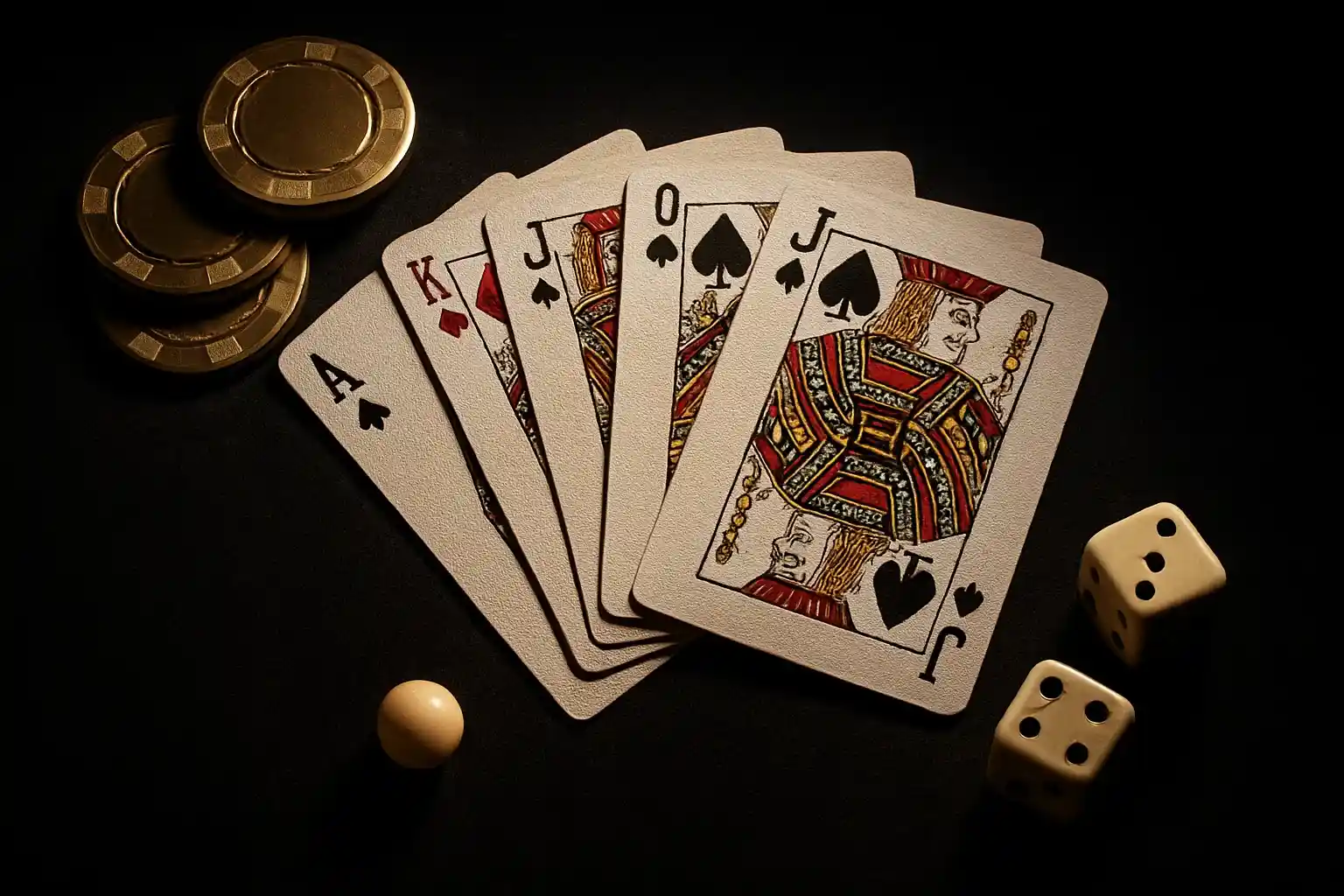 Top-down casino scene with chips, cards, dice, and roulette ball