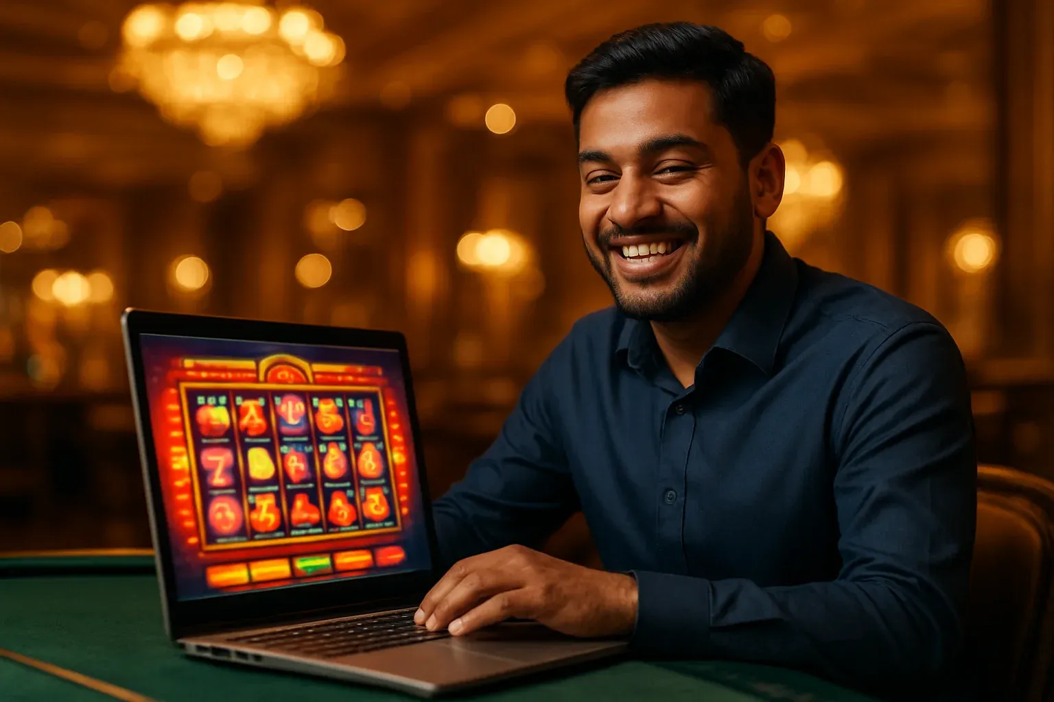 Cheerful Bangladeshi man with open laptop showing colorful casino interface