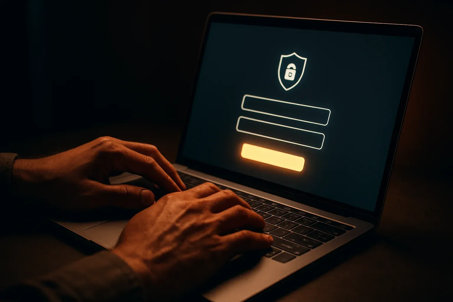 Bangladeshi man's hands on laptop showing stylized login form screen