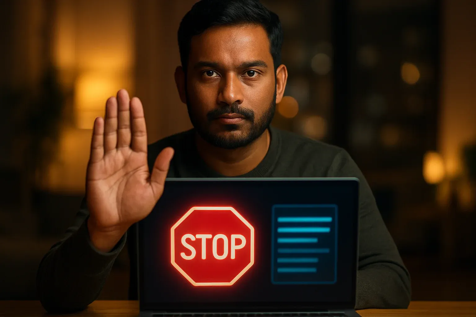 Bangladeshi man shows stop gesture beside laptop with responsible gambling controls