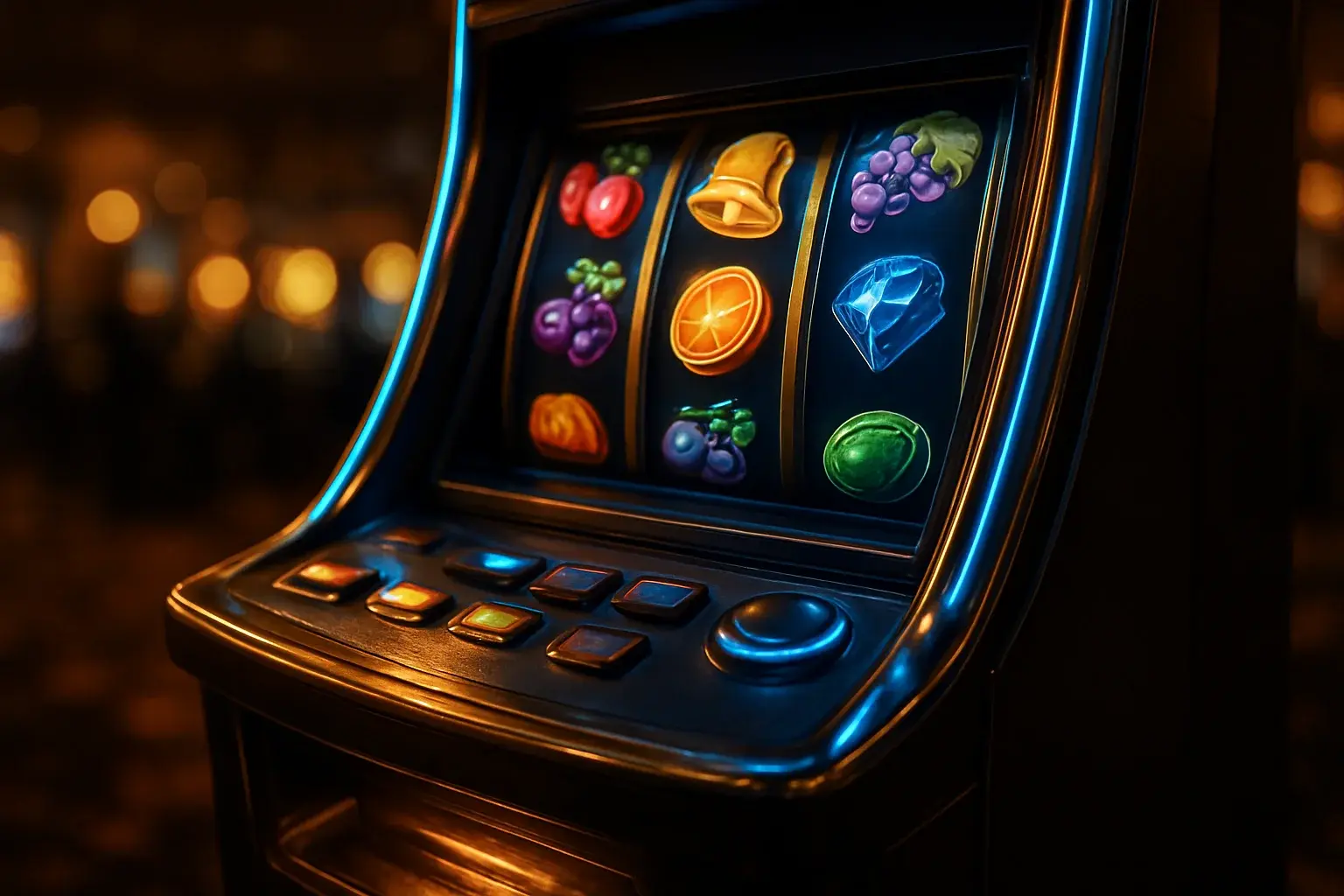 Hyperrealistic premium slot machine with three reels in a dark luxury casino